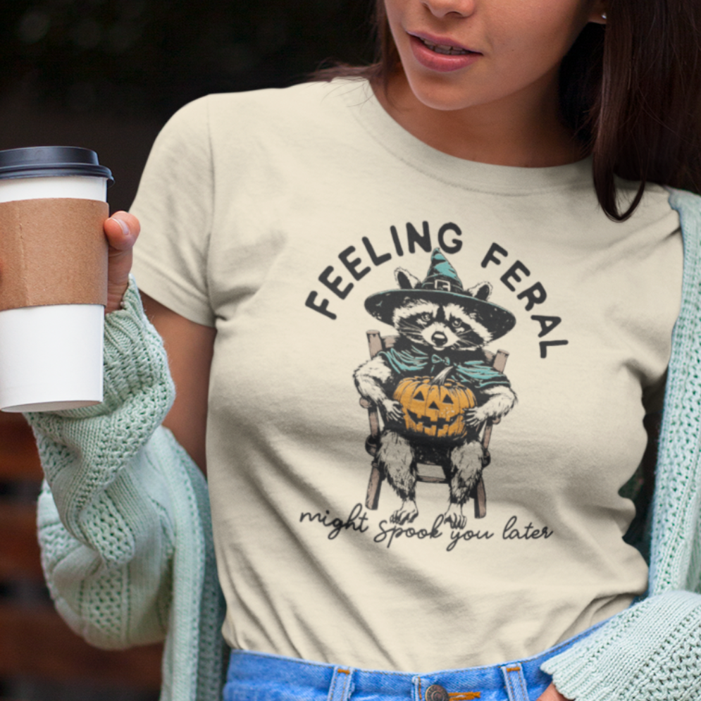 Feeling Feral Raccoon Halloween Shirt - Unisex Spooky Season T-Shirt for Men or Women